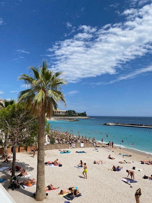 Public Beach in Monaco with cafés and restaurants.